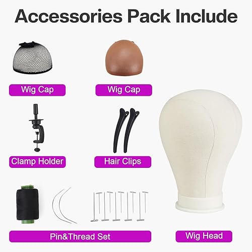 Miniatura 5 de Neverland Beauty & Health Cabeza de peluca de 23 pulgadas, soporte de peluca con cabeza, cabeza de maniquí de lona para pelucas, juego de bloque de