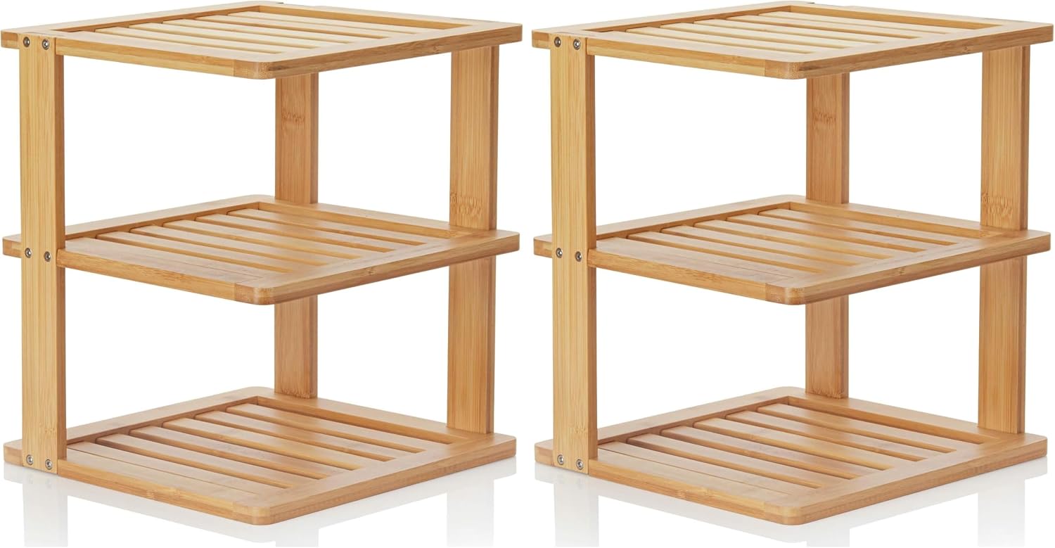 Bamboo Corner Shelf - 3 Tier 10 x 10 inch and 11.5 inches high. Kitchen Cabinet Organizer - Pantry Organization and Storage - Bathroom Countertop Shelves (Pack of 2)
