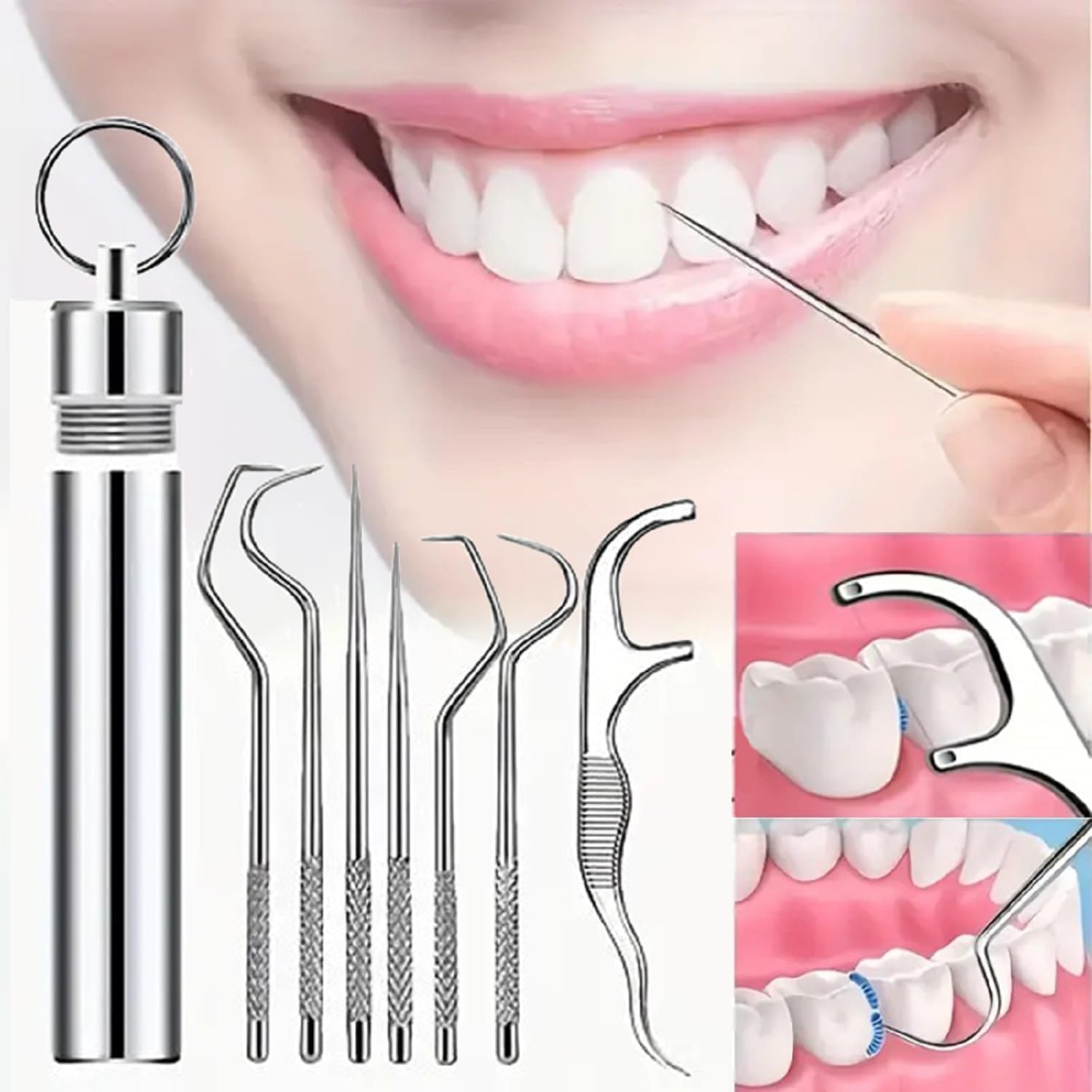 Dental Teeth Tools Kit 7 in 1 Stainless Steel Teeth Cleaning Tool Kit Portable Toothpicks Pocket Set Dental Hygiene Kit Toothpicks Flosser for Outdoor Picnic Camping Traveling-image-32