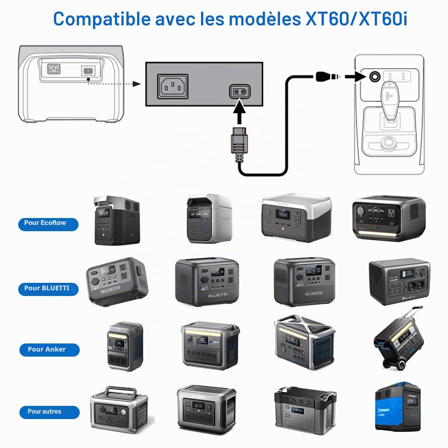 KFD XT60i Chargeur de voiture pour EF ECOFLOW DELTA 2 Max, station d'alimentation portable DELTA 3 Plus RIVER 2 MAX Anker SOLIX C300 1000 DJI Power 1000 16AWG DC 12V/24V pour Voiture Camping-Car