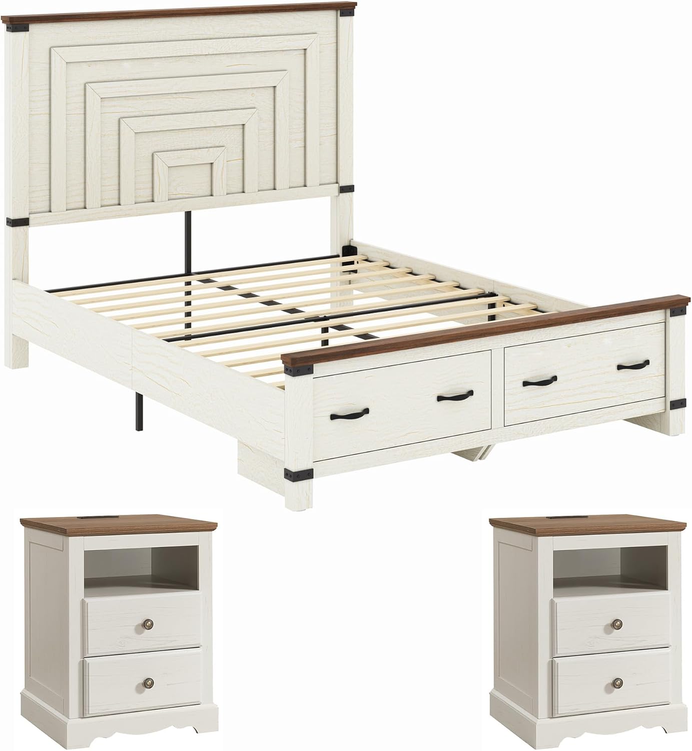 AMERLIFE Farmhouse Bedroom Furniture Set, Includes 2 Nightstands with Charging Station and 1 Queen Wood Platform Bed Frame with Storage Drawers, Farmhouse Furniture for Bedroom, Rustic White