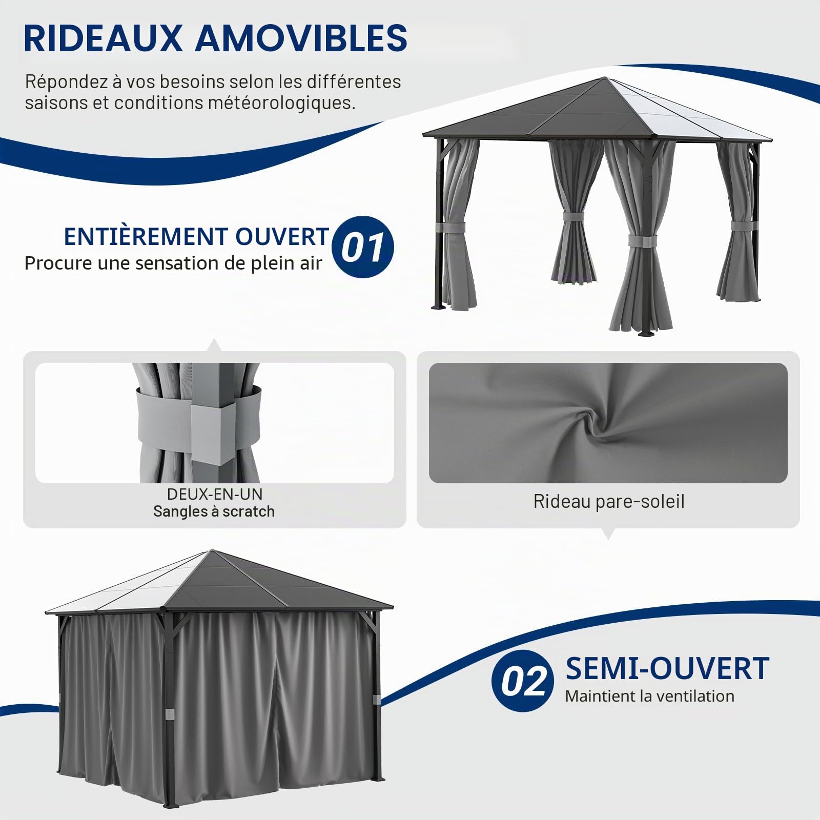 UDPATIO Tonnelle de Jardin 3x3m Imperméable - Toit UV Résistant avec Rideaux, Tonnelle Stabilisée pour Jardin, Terrasse (Gris)