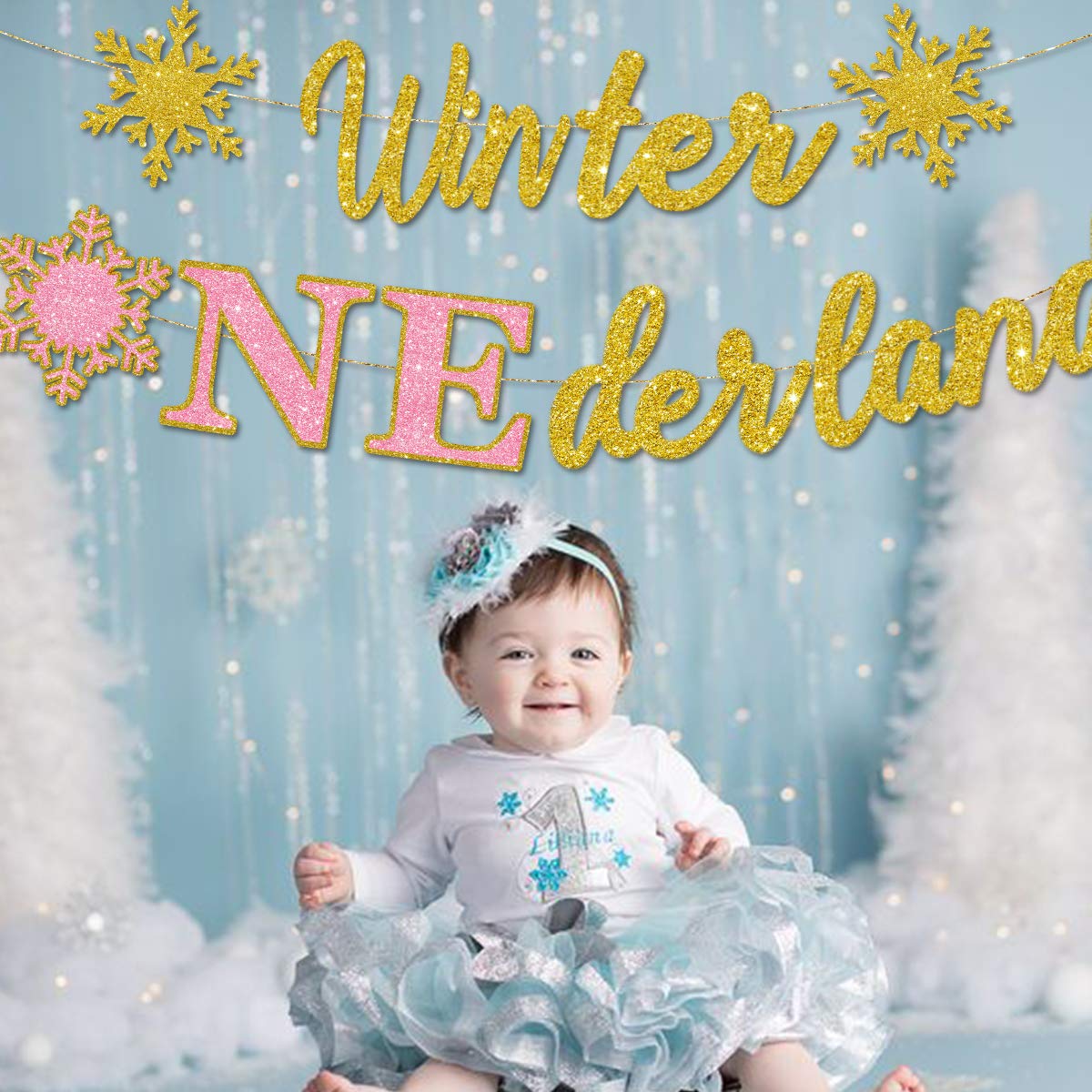 Gold Glitter Winter Onederland Banner - 1st Birthday Party Decorations Winter Wonderland Theme