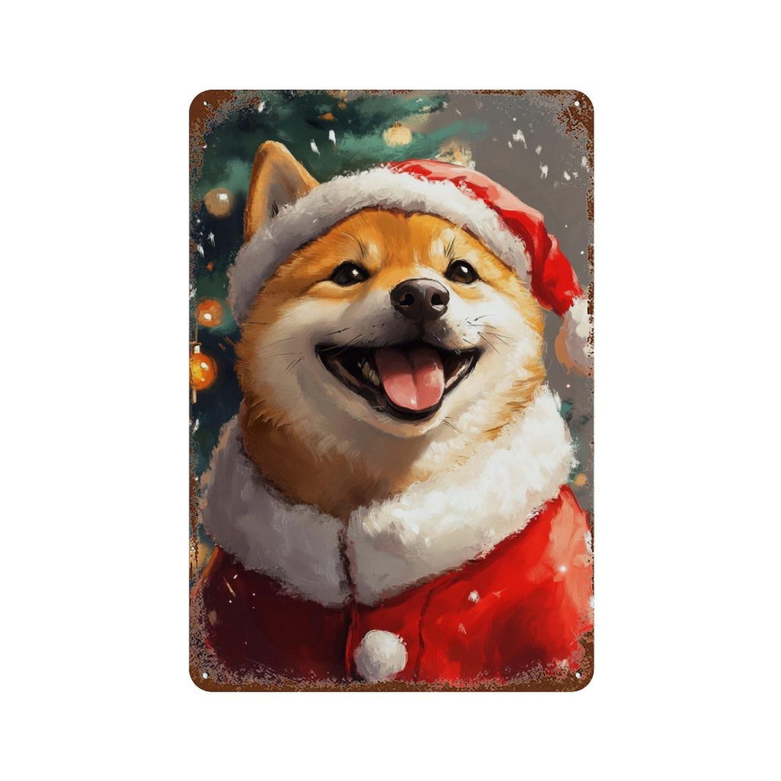 Christmas Shiba Inu Dog Art Print Rust Effect Tin Sign 11.8"x7.9", Farmhouse Wall Decor for Bistro, Counter And Cafe Decor