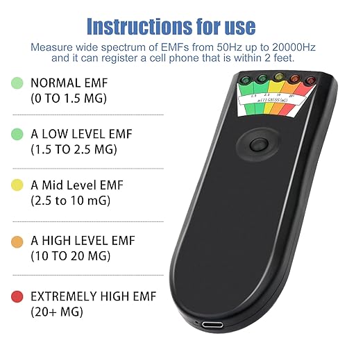 Miniatura 4 de EMF Medidores 5 luces detector de campo magnético portátil, detector de emf de caza fantasma para oficinahogarexterior (paquete de 2)