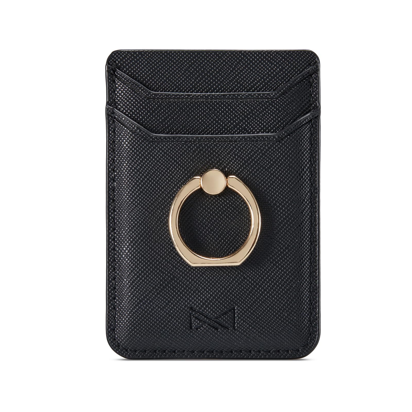 DMaos Card Holder Sleeve with Ring, RFID Credit Wallet PU Leather Stick On Back Grip for iPhone Samsung Smartphone - Black