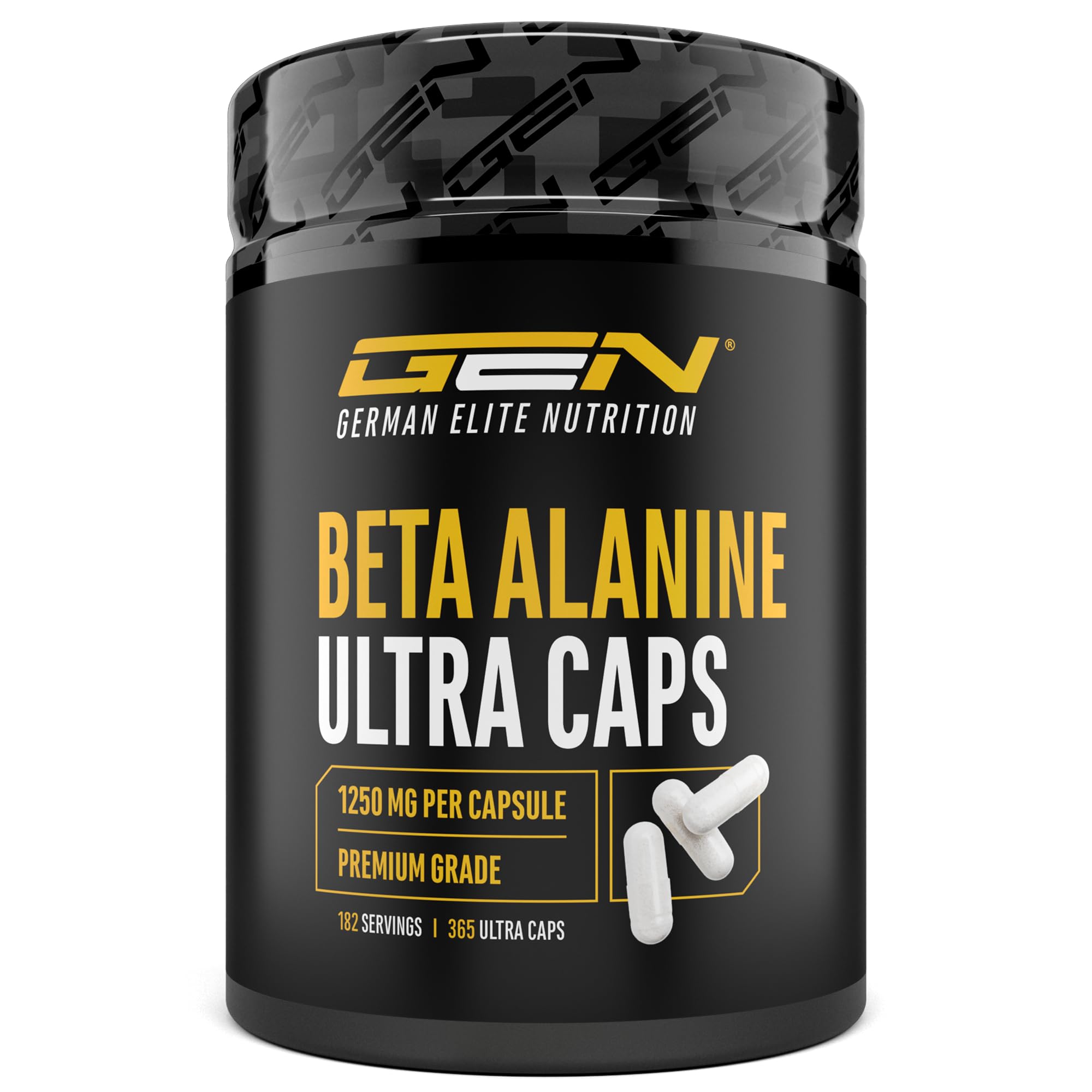 GEN GERMAN ELITE NUTRITION Beta Alanin Ultra Caps - 365 Kapseln - 1250 mg | 99% Reinheit, hochdosiert, ohne unerwünschte Zusätze