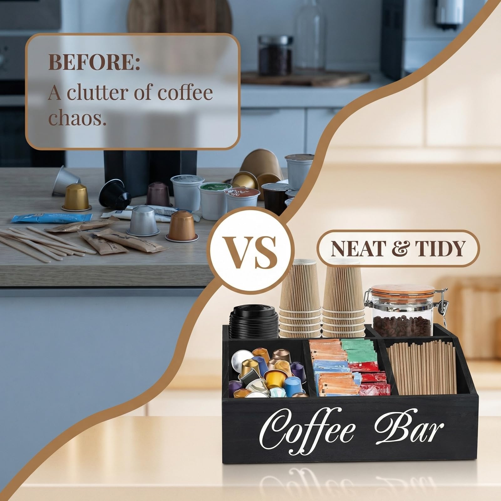 Organizador de Café y Té de Madera de Tung con 5 Compartimentos Estación de Condimentos de Café 30x19,5x12cm Rincon del Cafe para Ordenar Vasos Cucharas Capsulas Azucar con Base Antideslizante