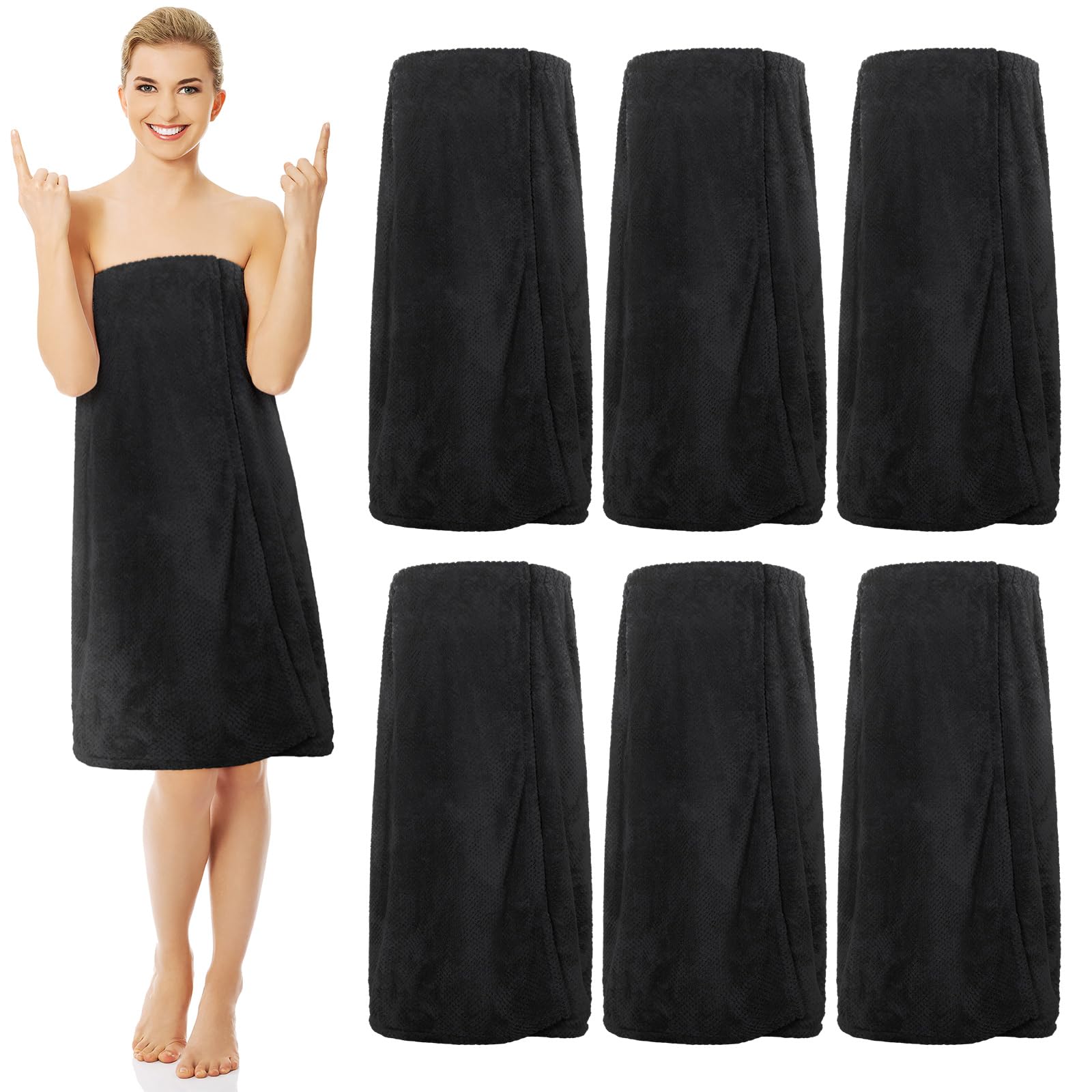 Tigeen 6 Pcs Bath Wraps for Women Waffle Spa Robe Adjustable Closure Elastic Top Lightweight Towel Dress (Black,M)