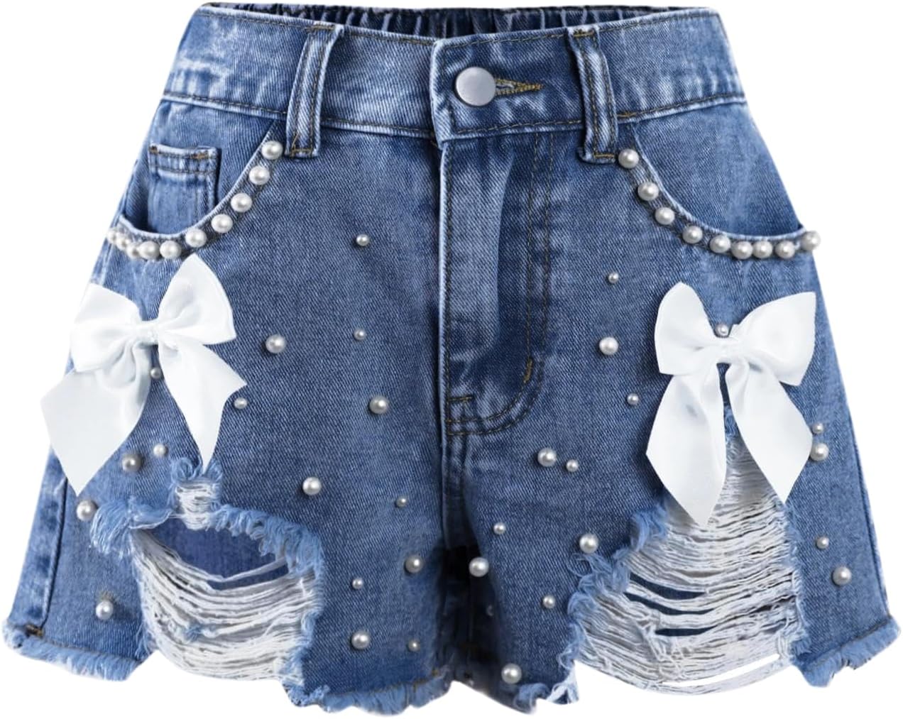 Girls Jean Shorts Pearl Bownot Ripped Distressed Cute Straight Leg Denim Shorts