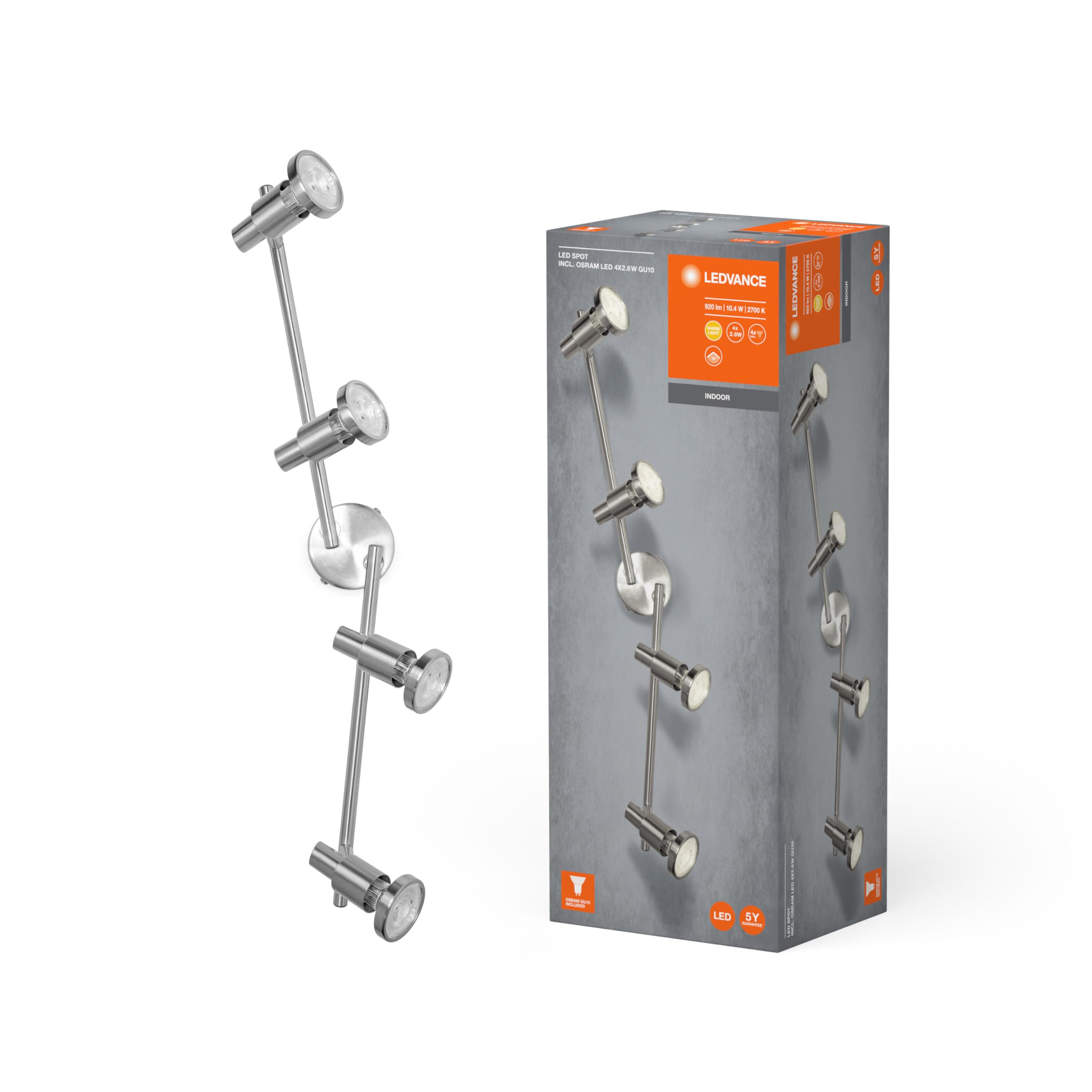 Ledvance LED Spotlight, 4-Flame High-Quality Spotlight Made of Aluminum, Suitable for Indoor Walls and Ceilings, Replaceable GU10 Lamps Included, Warm White (2700K), 3W, LED SPOT GU10 4x3W