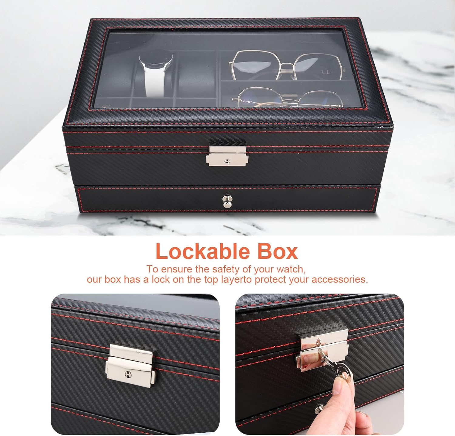 NovelBee Double Layer Watch Jewelry Boxes for Men Women,6 Slots Watch Boxes,3 Grids Eyeglasses Sunglass Organizer with Drawer,2-layer Jewelry Display Organizer Case For Earrings,Rings,Bracelets