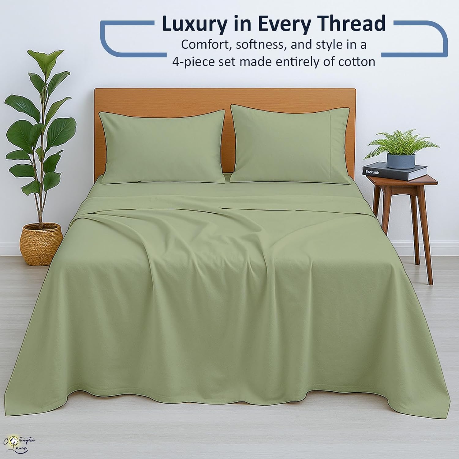 Cottington Lane 100% Cotton Queen Sheet Set, 4 Piece Sage Luxury Hotel Quality Sheets, Deep Pocket Fits 8-16 Inch Mattress, Soft, Durable, Cooling & Breathable Bedding for Queen Bed - Image 3