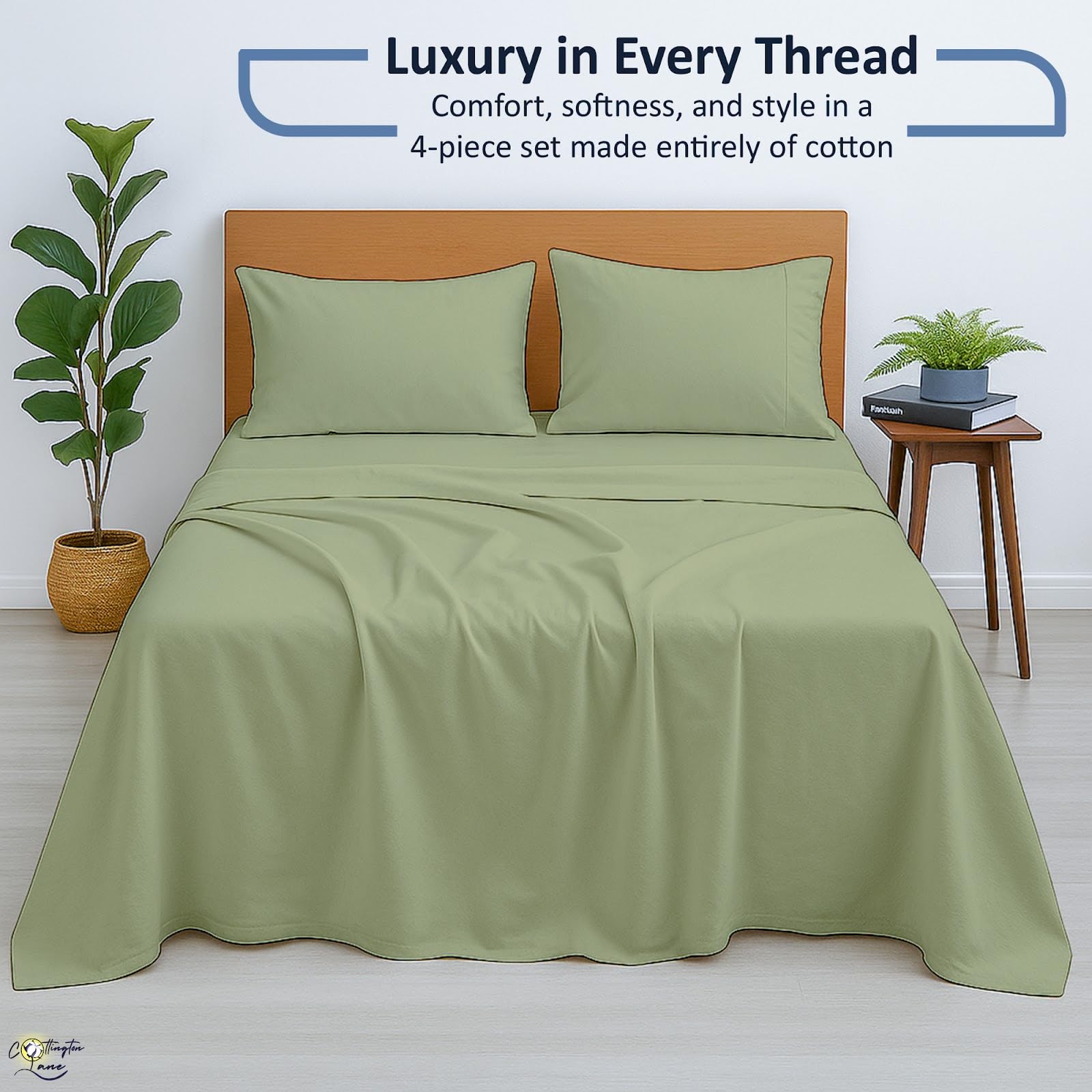 Cottington Lane Set di lenzuola in 100% cotone per letto matrimoniale XL, 4 pezzi, color salvia, lussuose lenzuola di qualità alberghiera, con tasca profonda per materassi da 20-40 cm, morbide