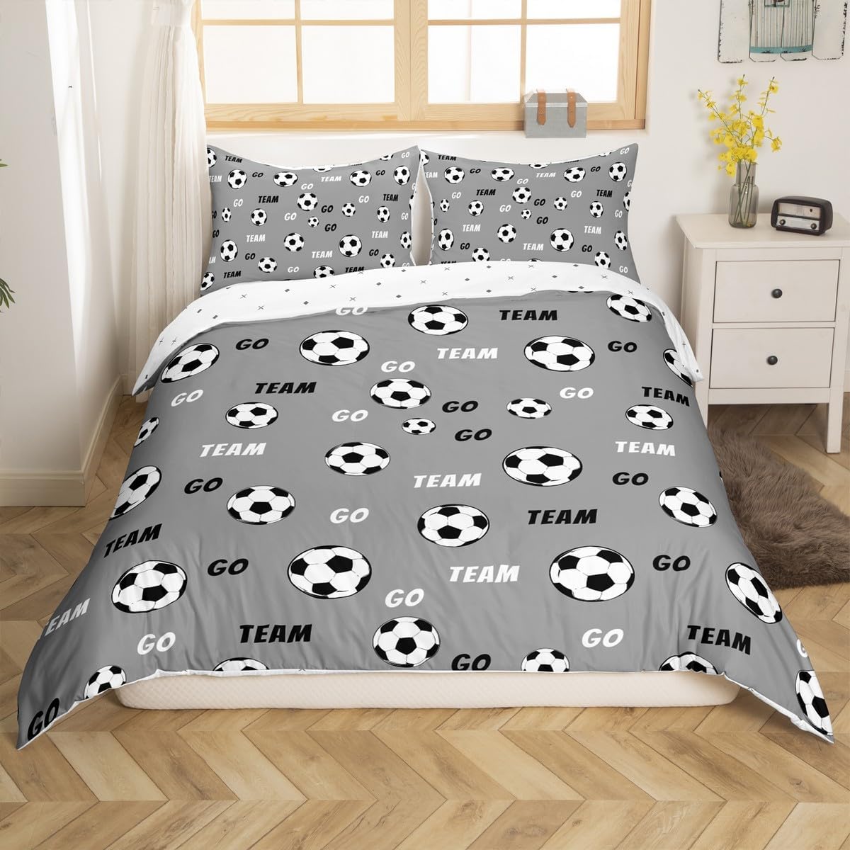 Feelyou Kids Soccer Duvet Cover Queen Size Football Bedding Set Boys Girls Soccer Ball Pattern Gray Comforter Cover Set Sports Theme Bedspread Cover（No Comforter