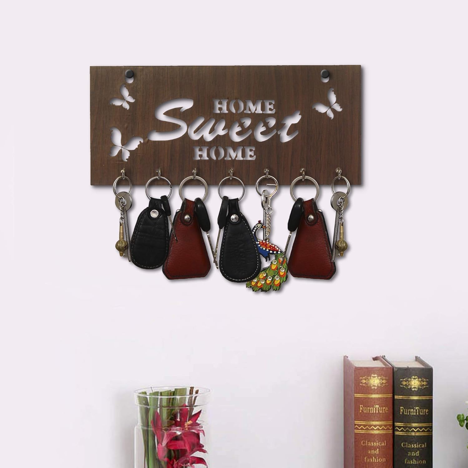 Webelkart Premium "Home Sweet Home" Wooden Key Holder (29 cm x 13.5 cm x 0.4 cm, Brown)- 7 Hooks