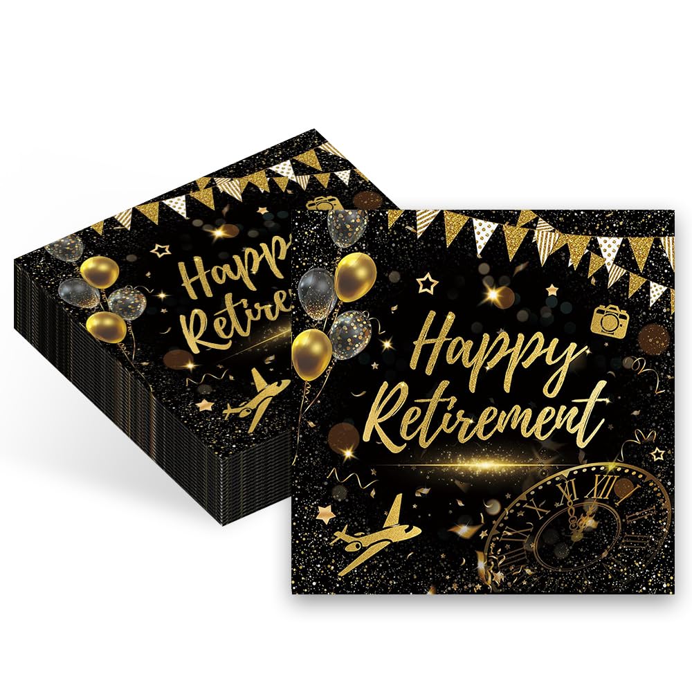 Black Napkins, Retirement Decorations, Black and Gold Party Decorations, HSC 1 Pack of 20 Retirement Napkins 33x33cm with Happy Retirement Print for Table Decorations