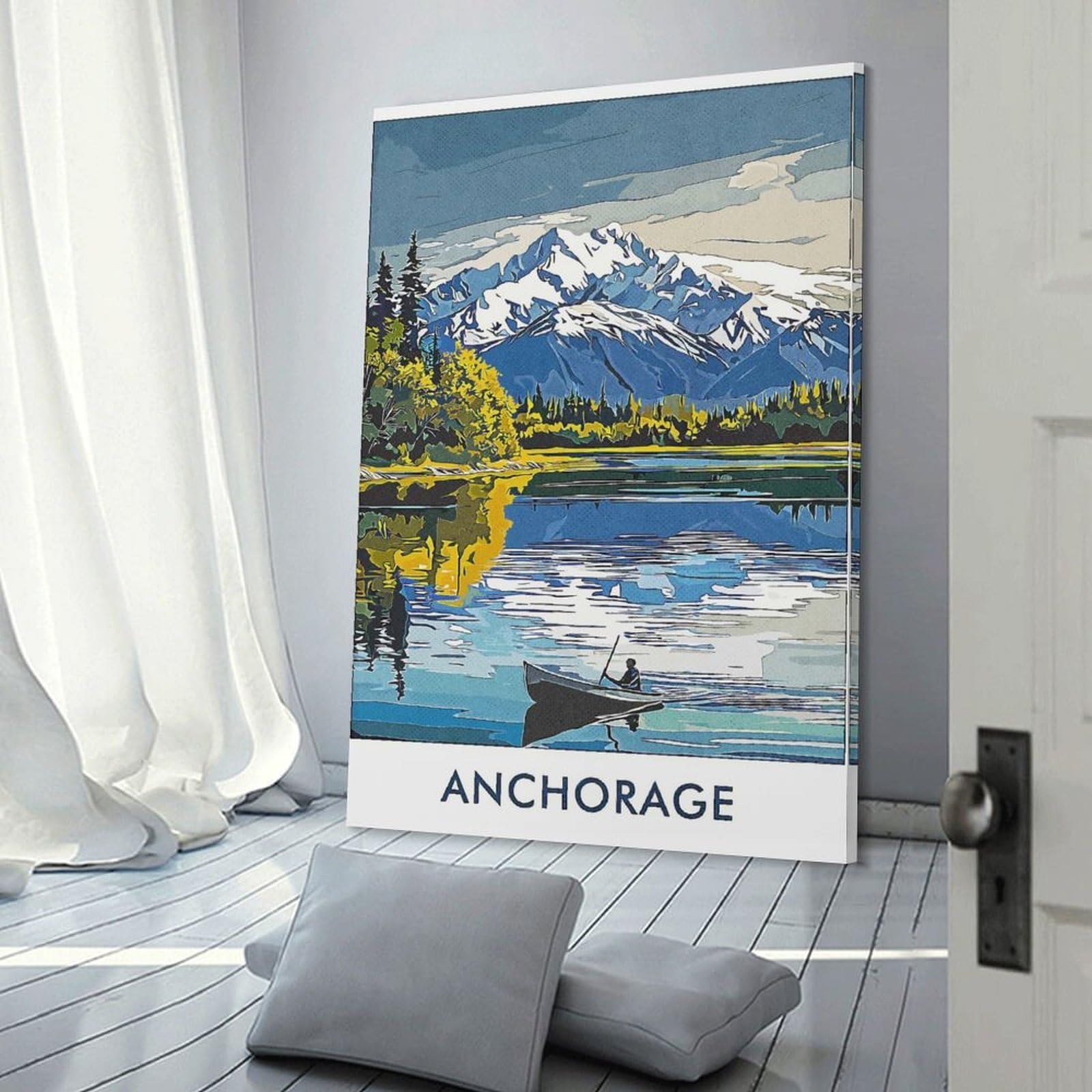 Junmoney Anchorage Mountain Lake Wall Picture Print 20x30inch(50x75cm), for Corridors, Hallways Or Apartment Entries, Wall Decor to Refresh Empty Corners
