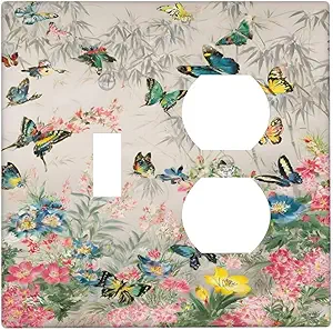 Decorative Outlet Covers Boho Wildflowers Butterfly Rustic Blue Pink Flowers 2 Gang Wall Plate Cover Single Toggle Duplex Combo Two Switch Light Switch Cover Plate Jumbo GFCI Faceplate