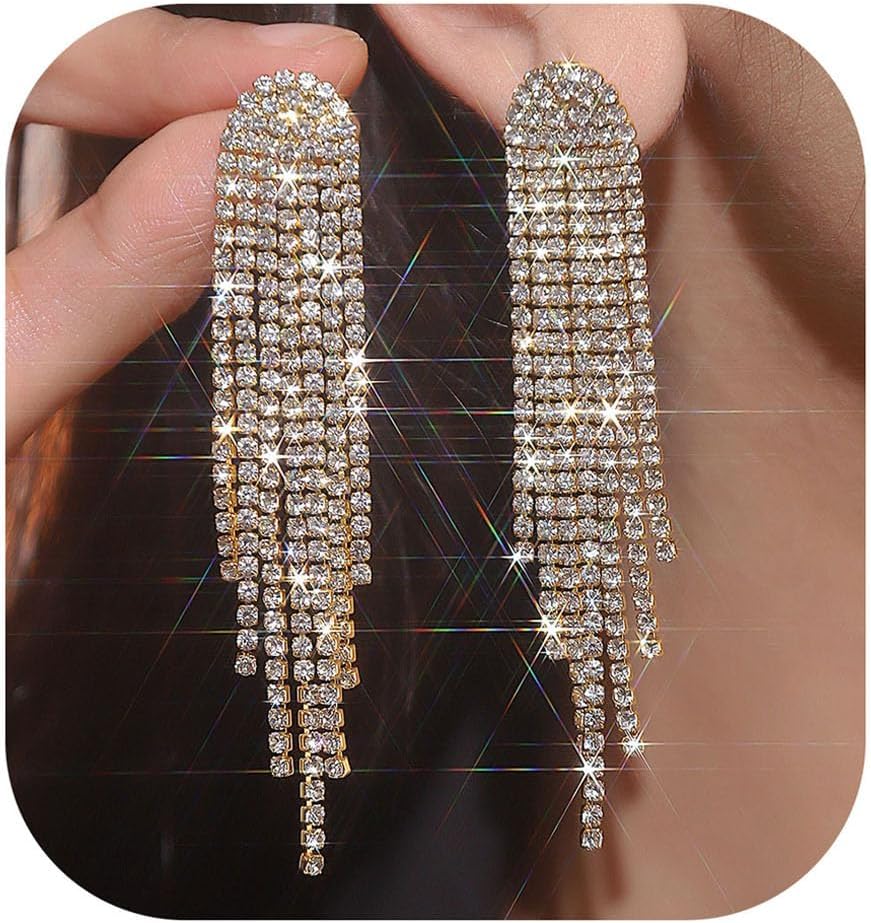 Rhinestone Tassel Earrings Sparkly Long Fringe Crystal Chandelier Dangle Drop Earrings Wedding Party Prom Earrings Premium Iridescent Earrings Wedding Party Jewelry Gifts for Women