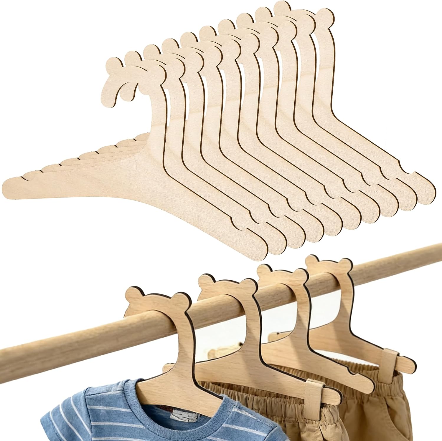 10Pcs Wooden Baby Hangers, Baby Clothes Hangers, Cute Babies Coat Hanger with Bear Ears Closet Organizer, Anti-Slip Newborn Hanger for Kids' Coats, Suits, Pants and Jackets
