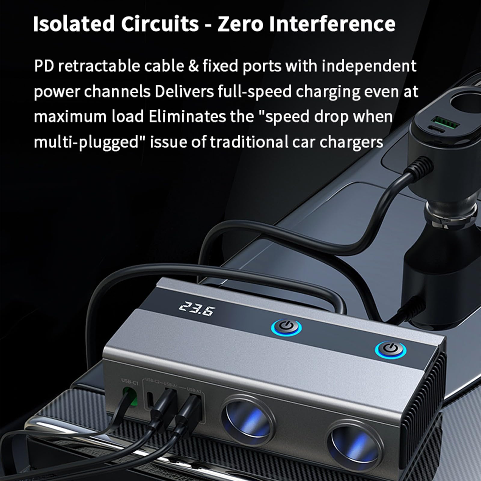 Adaptador de carga de coche 9 en 1 de alta potencia de 120 W con cable USB C retráctil, múltiples puertos para carga rápida PD65 W en Vehi