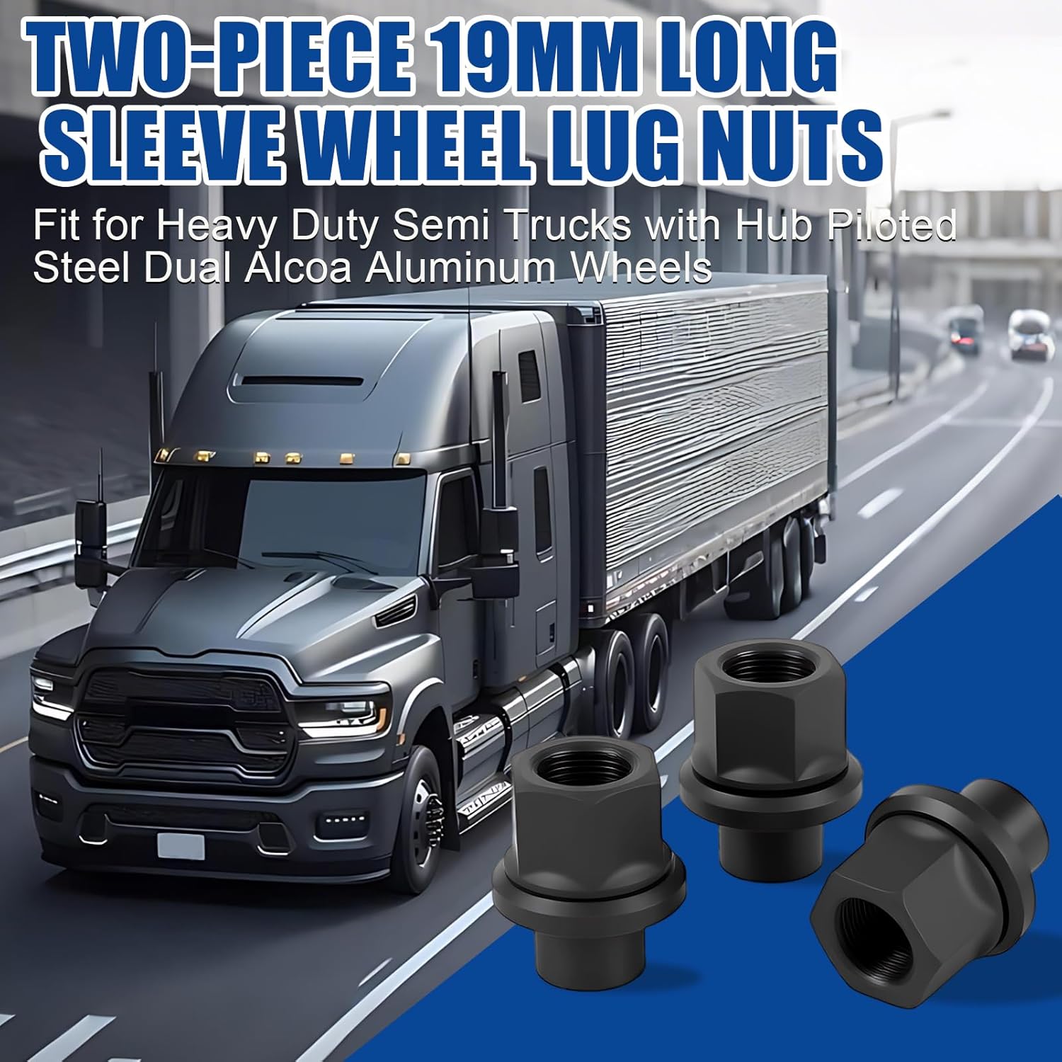JiiinMiiin M22x1.5 Heavy Duty Truck Semi Truck Lug Nuts, 33mm (1.3“) Hex 19mm Sleeve Flanged Black Wheel Nuts, Fit Steel Dual Wheels with Hub Piloted Seat & 26mm Bolt Hole Size of 10PCS