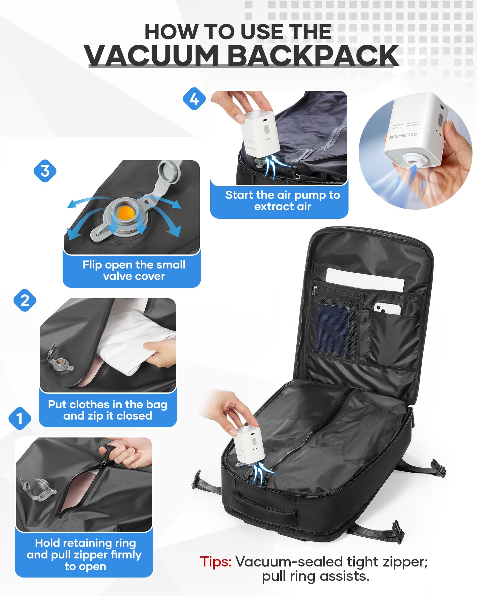 HPLQQ Borsa da Cabina per Ryanair 40x30x20 Zaino Sottovuoto da Viaggio con Pompa Aereo Bagaglio a Mano per Easyjet Impermeabile Lavoro e Scuola Trekking Casual Daypack per 14" laptop,B01-Nero