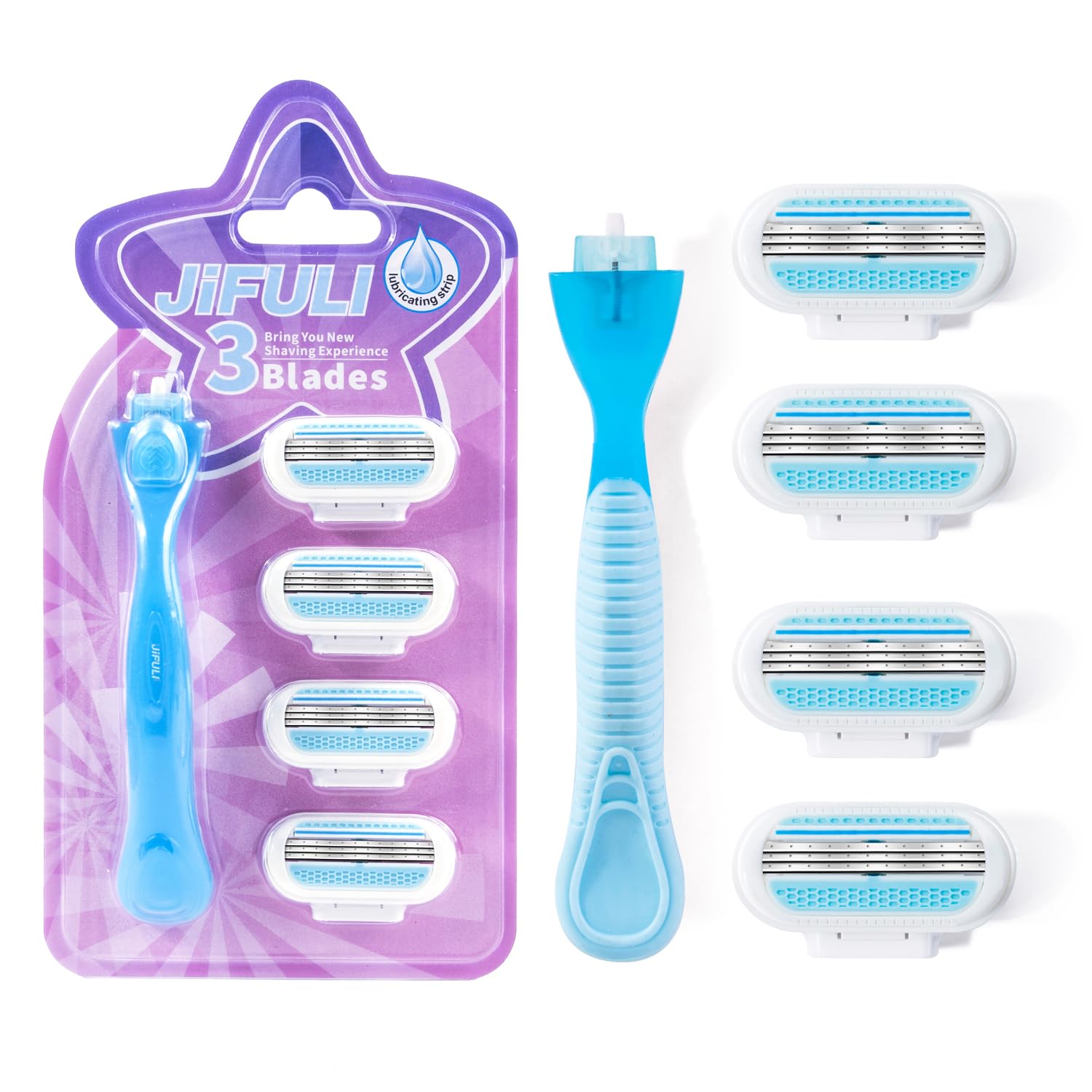 Womens Razor, 3 blades with pivoting head and lubricating strip, 1 handle + 4 replacement heads,Womens Disposable Safety Intimate Bikini Area Razor (Niebieski)