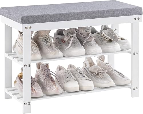 Miniatura 12 de Apicizon - Zapatero de 3 niveles para entrada, banco de zapatos de bambú con asiento acolchado, pequeño organizador de zapatos con almacenamiento