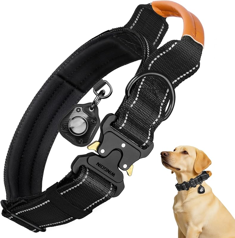 Coleira Tática para Cães Grandes WINGOIN com Nylon Reforçado, Alça e Suporte para AirTag — Tamanho Grande