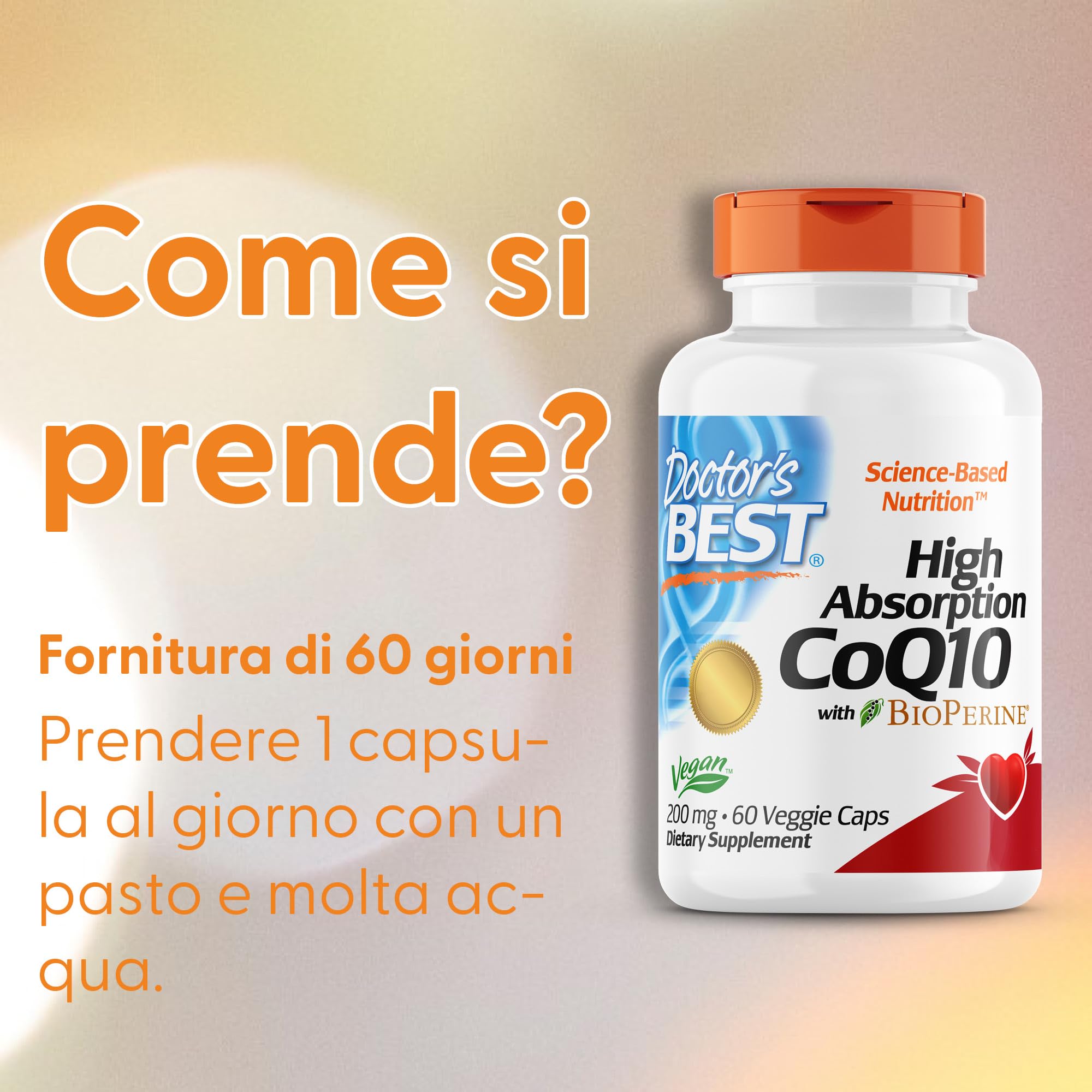 Doctor's Best, High Absorption CoQ10, con BioPerine, 200mg, 60 Capsule vegane, Testato in Laboratorio, Senza Glutine, Senza Soia, Vegetariano