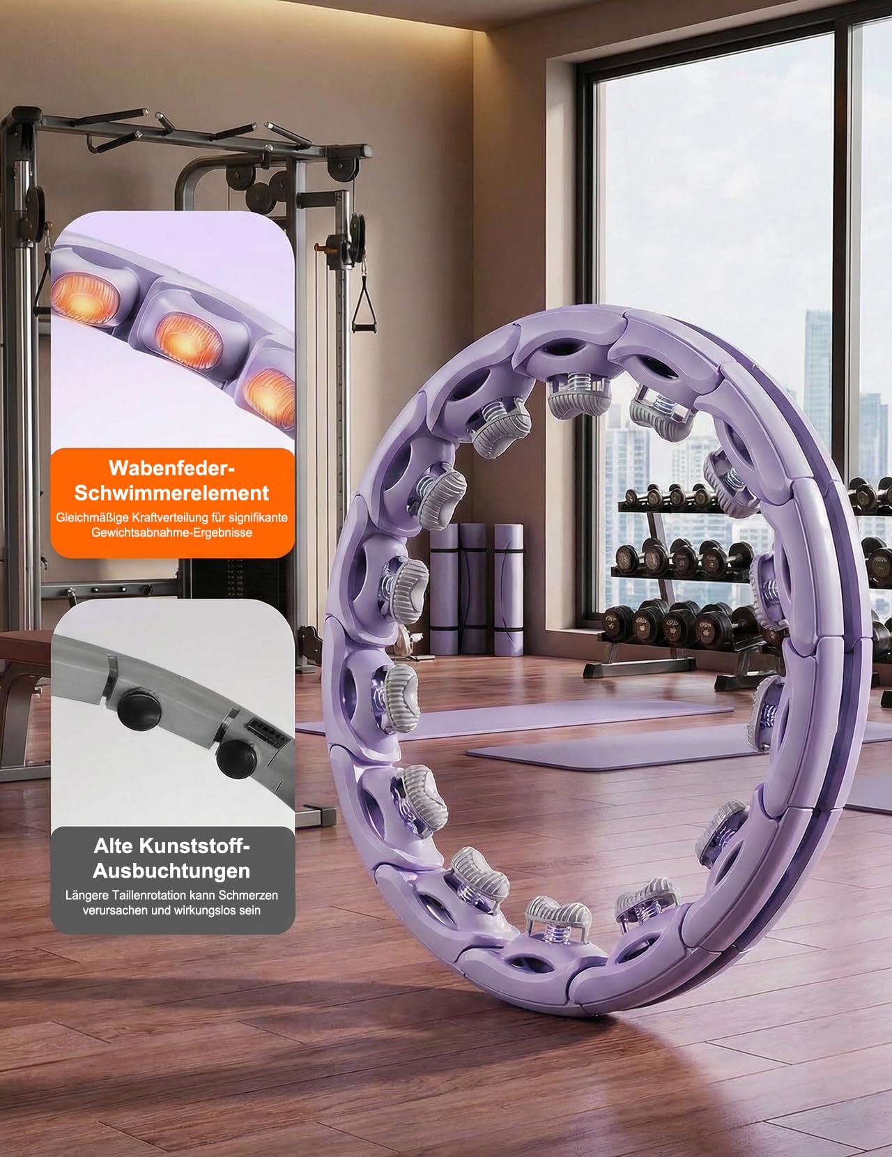 Smart Hula Hoop zum Abnehmen, 18 segmentig mit Taillenband Leiser Fitnessreifen mit 350g Gewichtskugel Zähler für Erwachsene Anfänger fällt Nicht herunter hulahuppreif zum abnehmen mit Gewicht