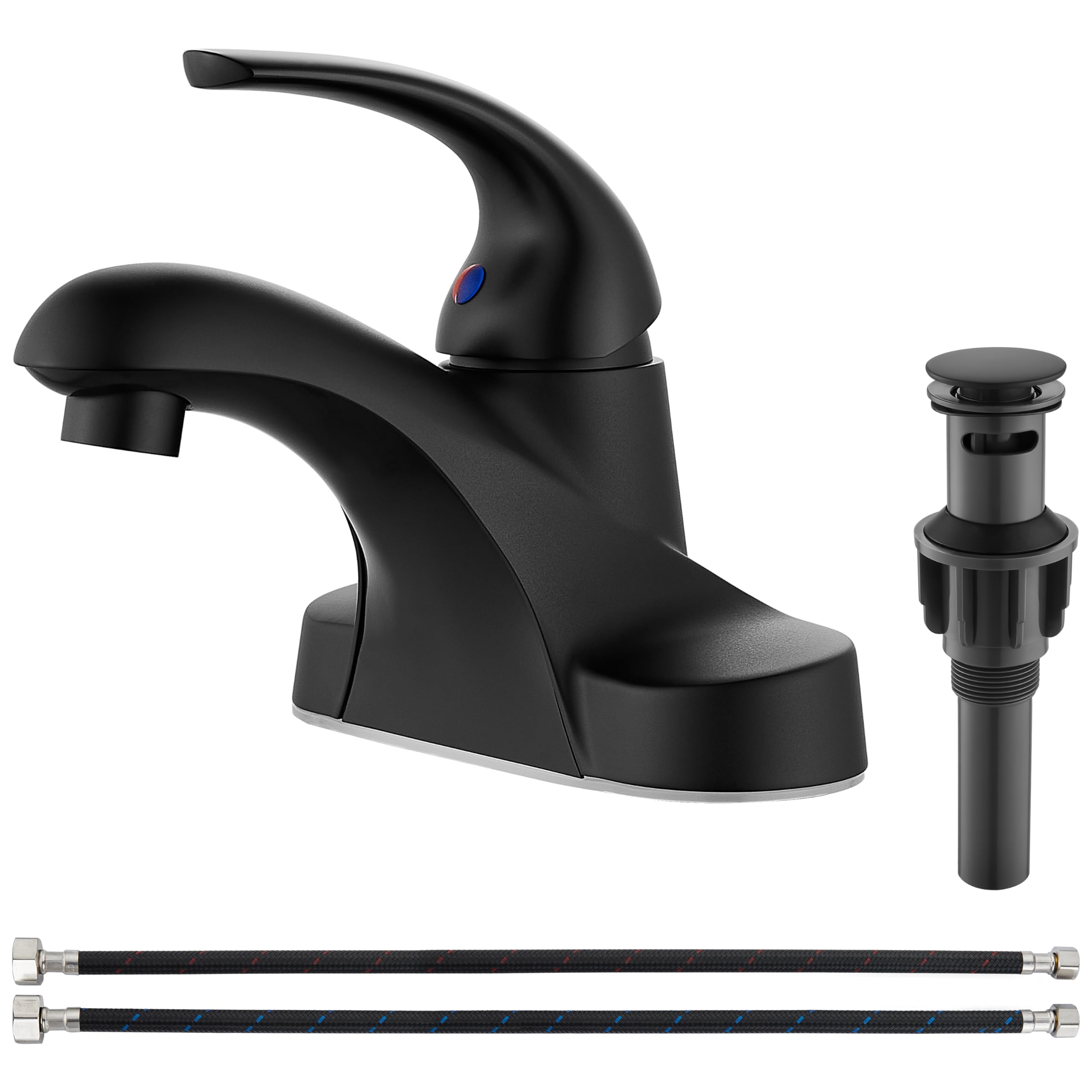 Aolemi Bathroom Faucet Single Handle Arc 4 Inch Centerset Bathroom Sink Faucet with Pop Up Drain Assembly and Supply Lines Vanity Basin Mixer Tap Faucets,Matte Black