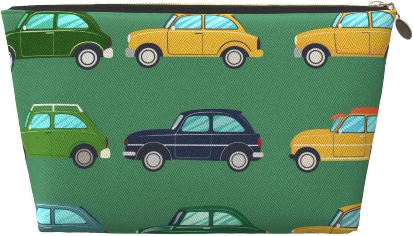 Leather Makeup Bag, Travel Cosmetic Bag with Top Zip Closure, Cartoon Colorful Cars Small Makeup Organizer Bag for Women