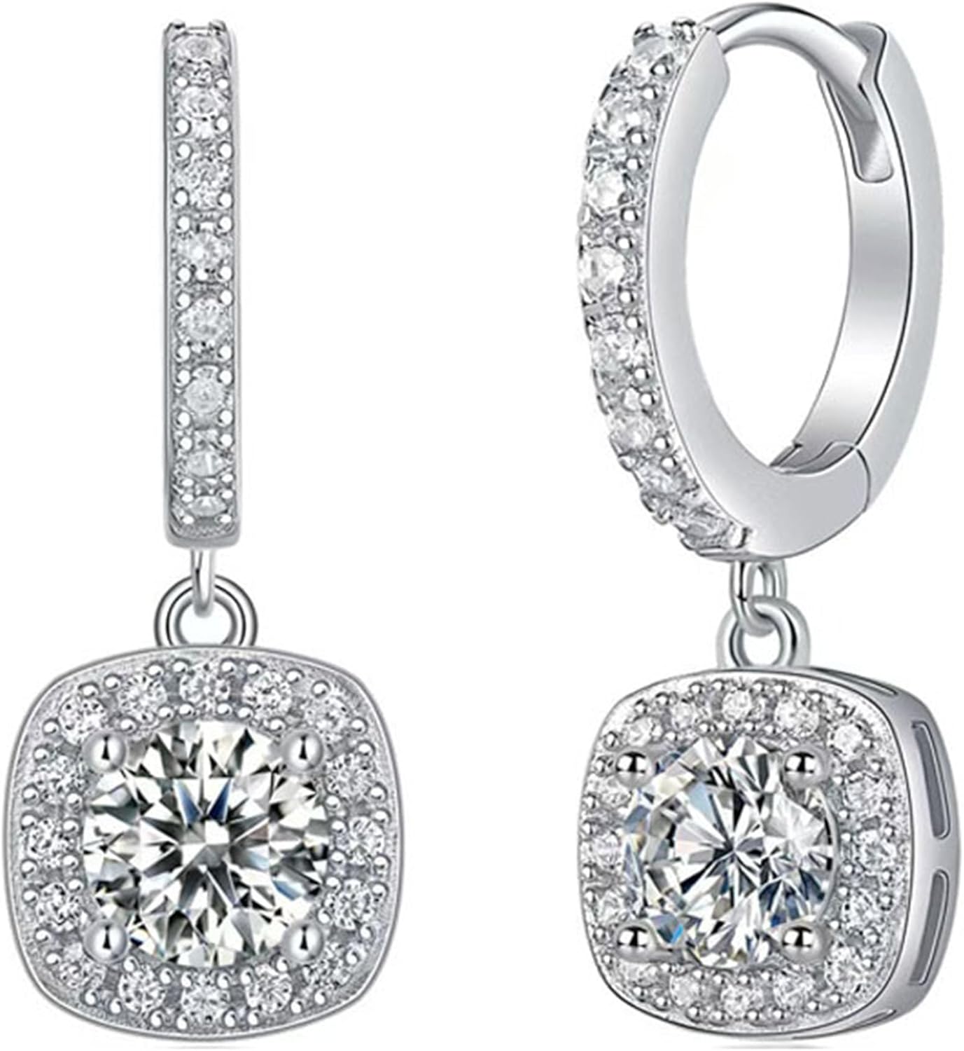 Moissanite Square Drop Dangle Earrings for Women, Hypoallergenic S925 Halo Hoop Earrings, Pierced Simulated Diamond Huggie Earrings, Elegant Fine Jewelry Gifts for Anniversary Birthday Bride Wedding