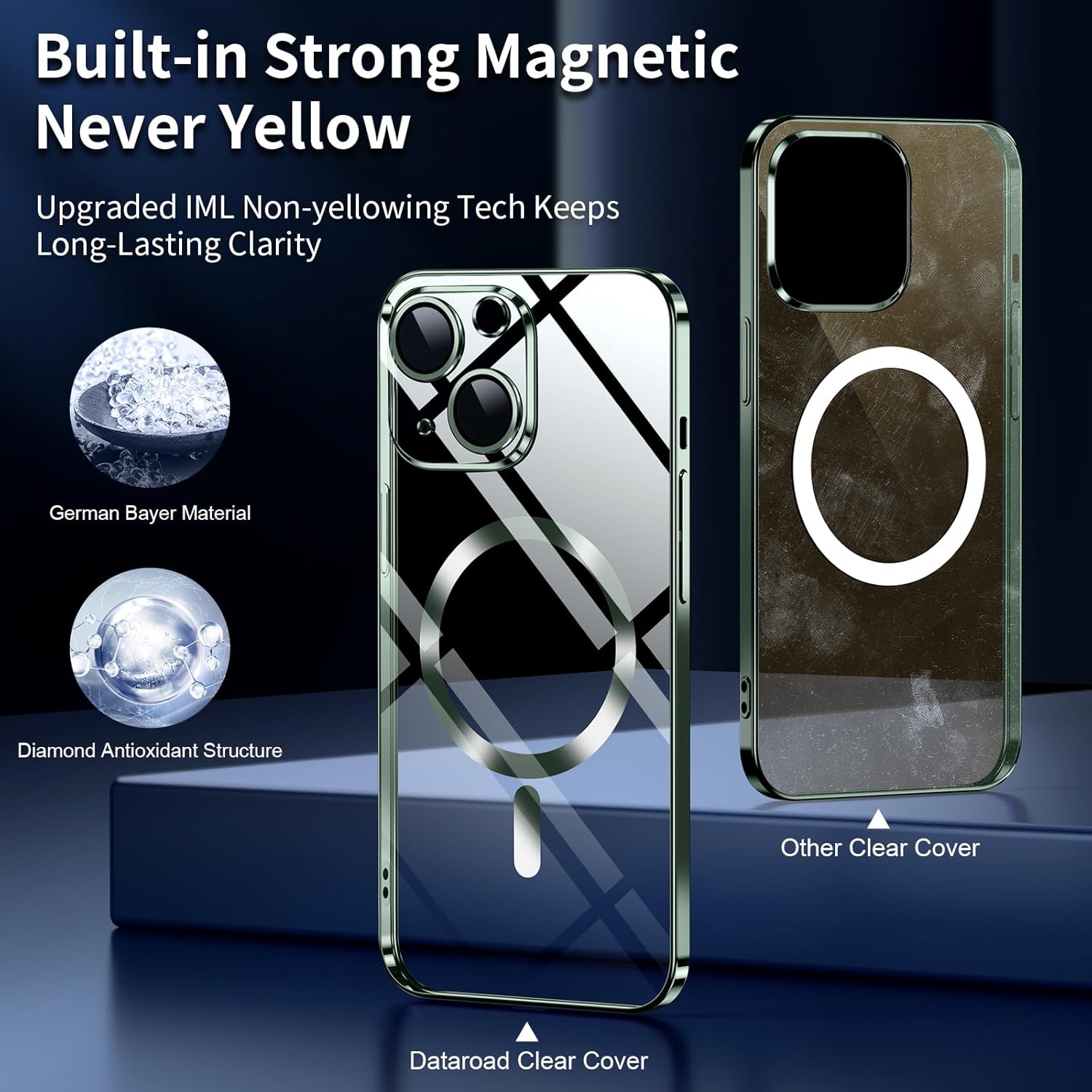 Dataroad Magnetic Green Titanium for iPhone 15 Case,Full Camera Cover Protection [Compatible with Magsafe] [Non-Yellowing]Slim Design Electroplate with Screen Protector for Thin Hard Cover 6.1inch