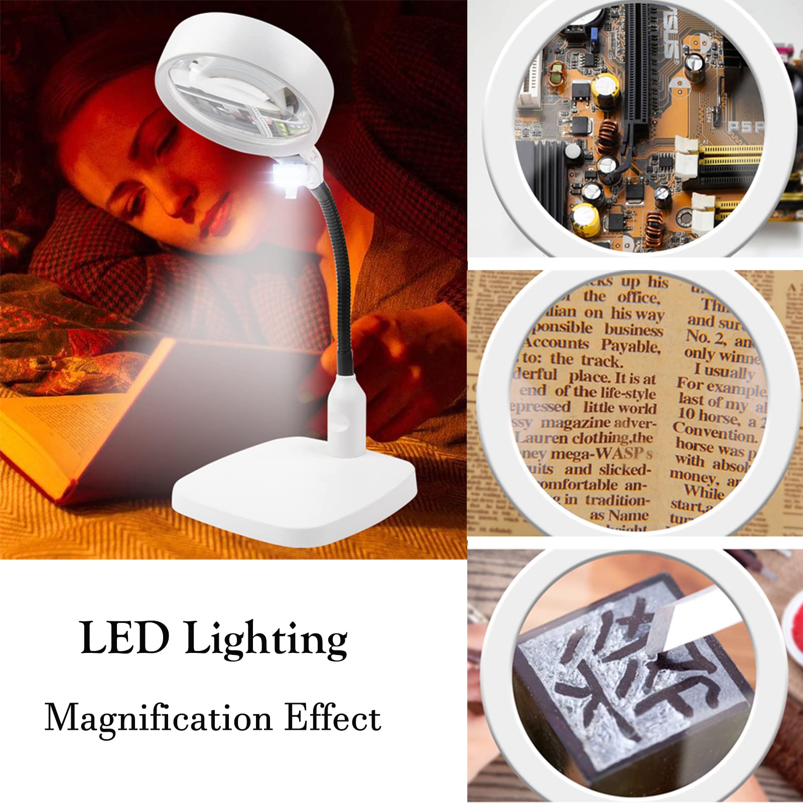 Lámpara de aumento de 10 aumentos con luz, lupa de escritorio manos libres con 6 luces LED y base resistente para leer, reparar, manualidades