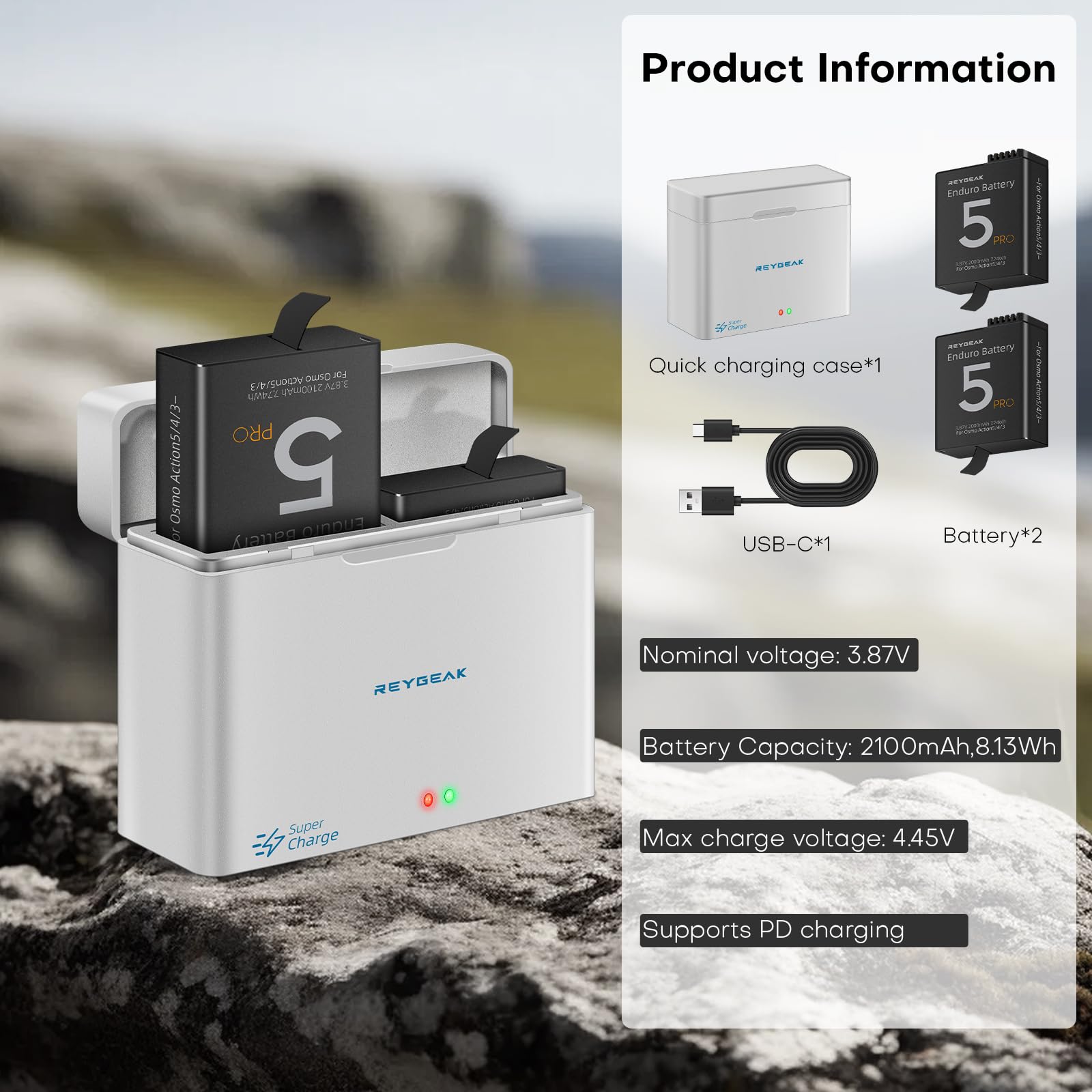 REYGEAK Akku und Ladegerät für DJI Osmo Action 6/5/Action 4/3, 2er-Pack Akkus mit 2 Anschlüssen, PD Schnellladung Akkuladebox, 2100 mAh wiederaufladbarer Akku für DJI Action 5/4/3 Ladegerät-Zubehör