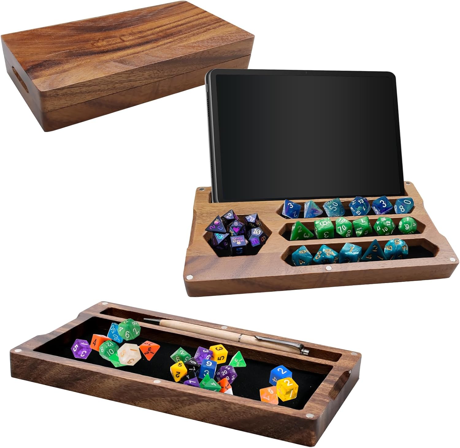 2 Pcs Walnut Dice Box 4.8 x 9 x 1.6 inch Secures Lid Portable Tray Handmade Rolling Dice Tray with Storage, Magnetic Lock and Phone Stand for Tabletop RPG and Board Games