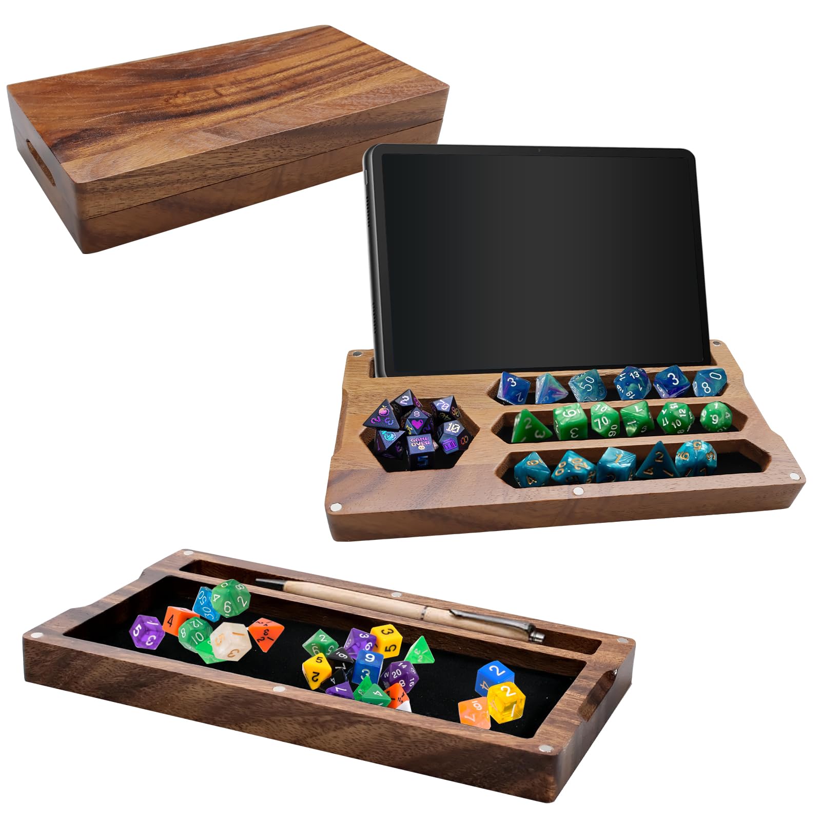Walnuss-Würfelbox, 12,2 x 22,9 x 4,1 cm, sichert den Deckel, tragbare Tablett, handgefertigte Würfelablage mit Aufbewahrung, Magnetverschluss und Telefonständer für Tisch-RPG und Brettspiele