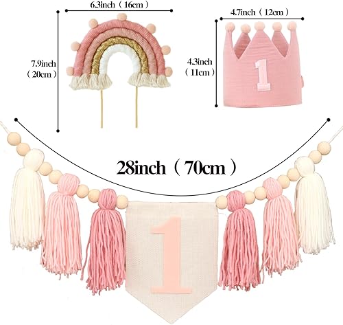 Miniatura 8 de Decoración de primer cumpleaños, pancarta rosa para silla de alta para niña, decoración de pastel de corona número 1, decoración de primer