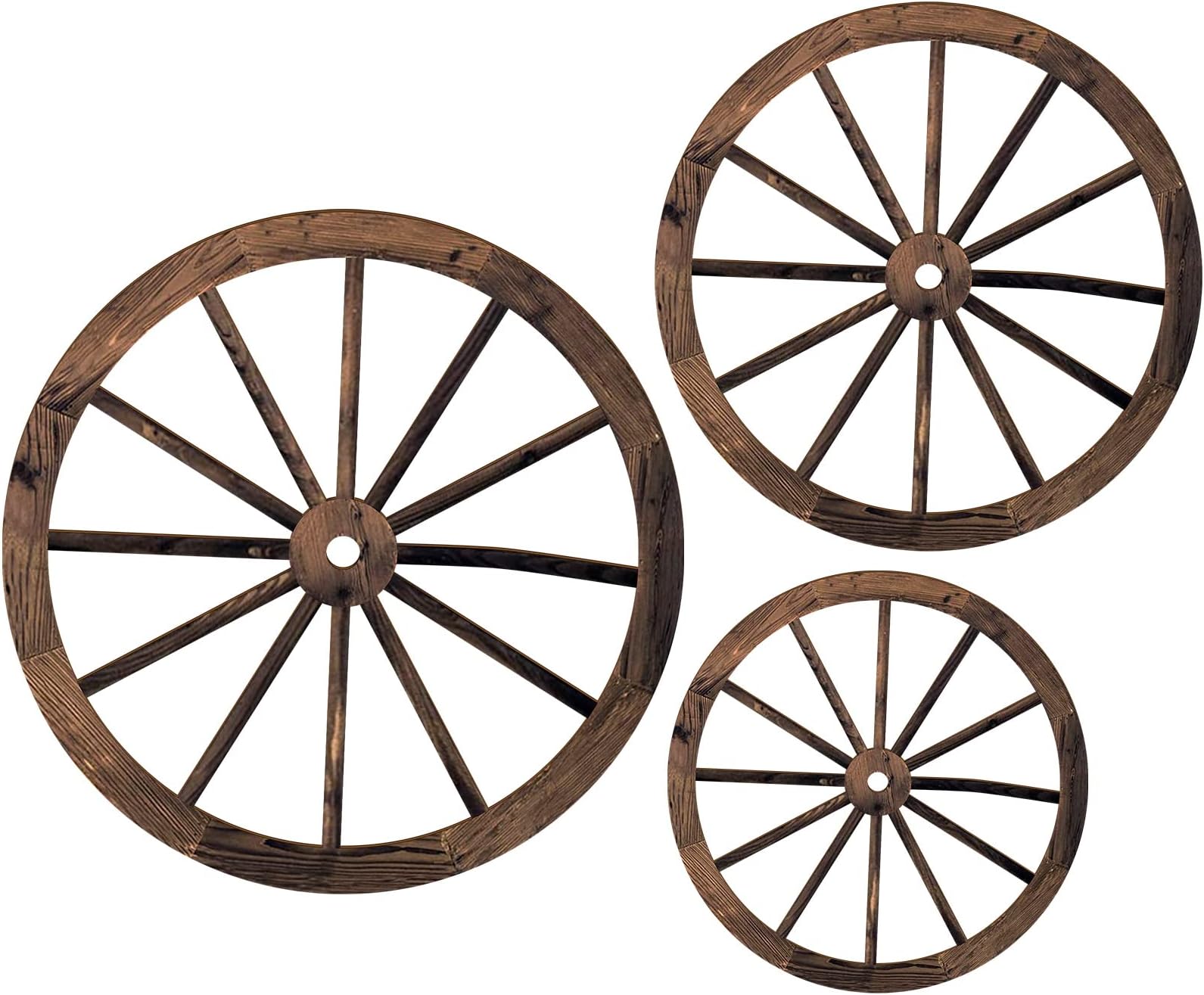 Qunclay 3 Pcs Wooden Wagon Wheel Decor 12/10/8 Inch Old Western Wall Decor Farmhouse Wagon Wheels Rustic Yard Hanging Decorative Art for Garden Home Bar Garage(Dark Brown)