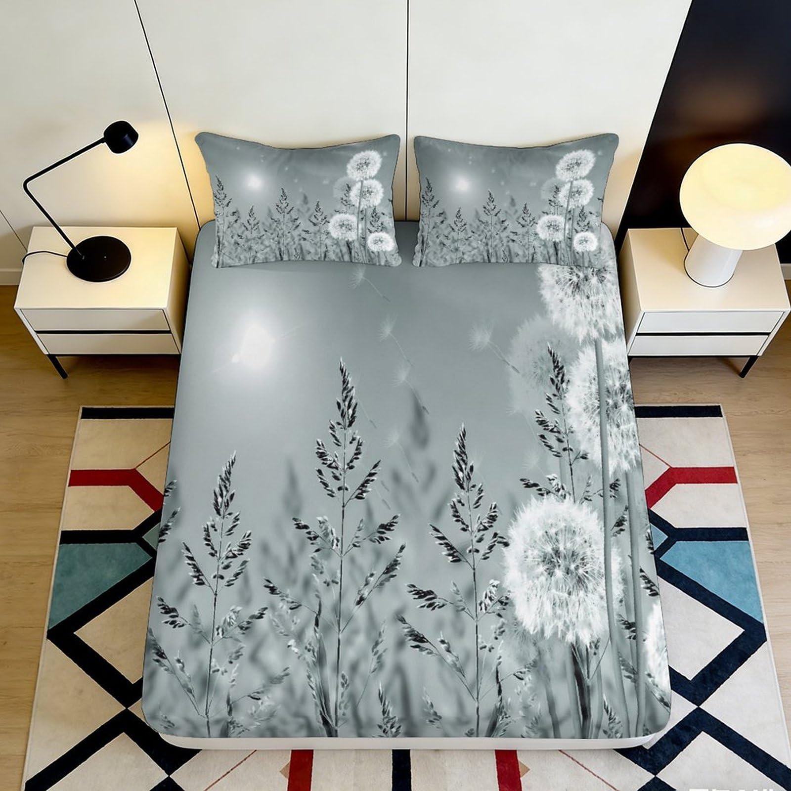 3D Printed Dandelion Fitted Sheet Microfiber Soft Breathable Meadow Bed Cover for Bedroom Dormitory Guest Room Mattress Protection Decor 90x200x25cm