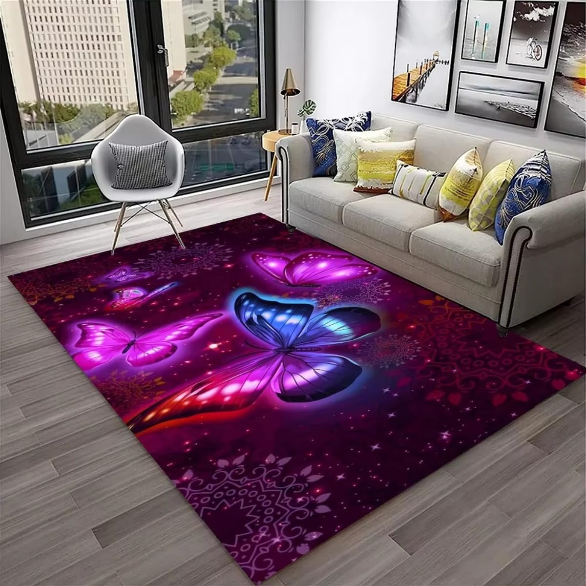 Grand tapis de sol 160x230 cm violet en flanelle motif papillon étoilé floral