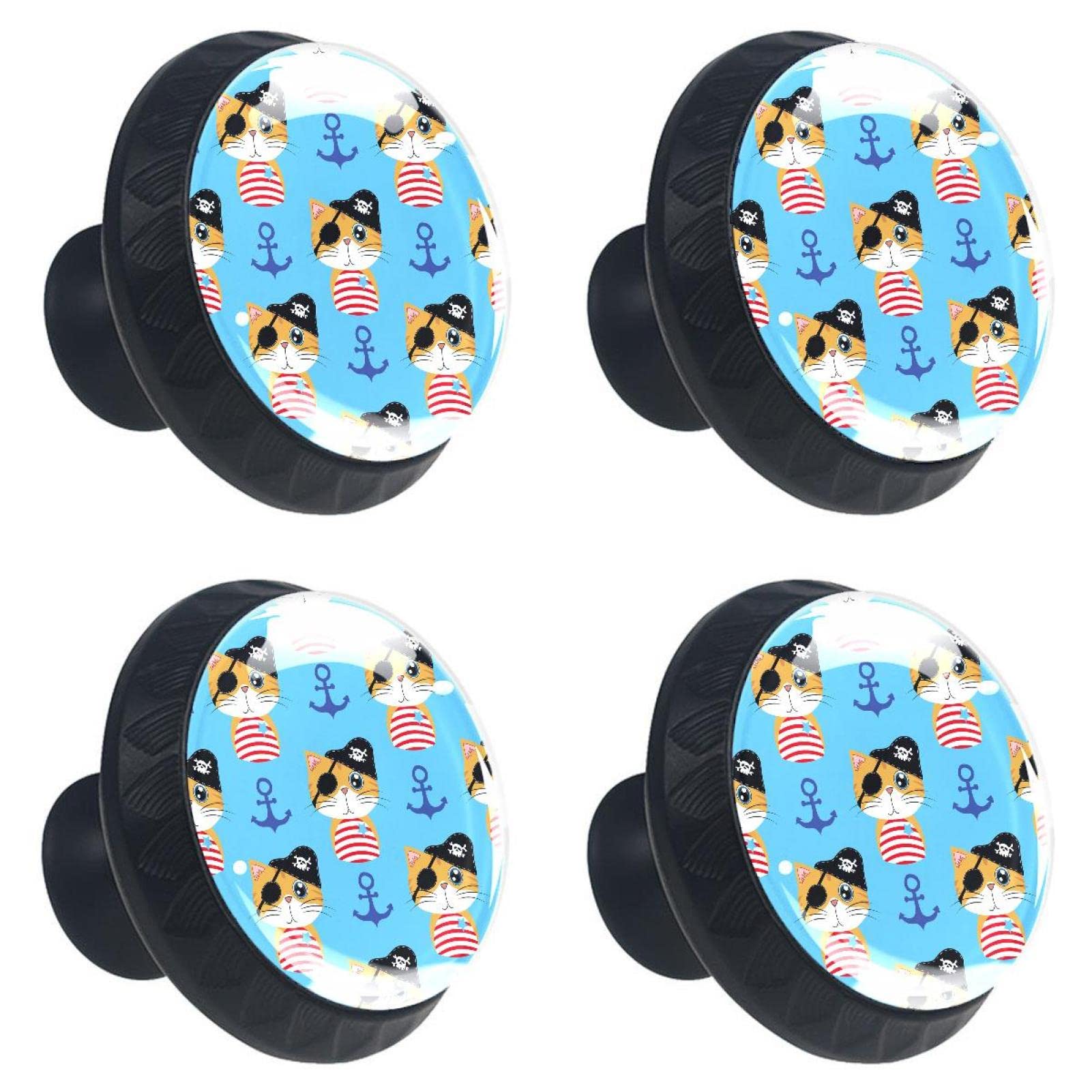 Boutons de tiroir chat pirate en verre multicolores pour armoire x4