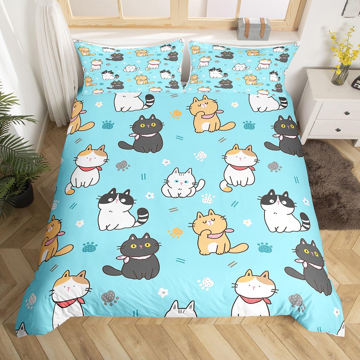 Manfei Cute Cats Duvet Cover Set Double Size, Cartoon Animal Theme Bedding Set 3pcs for Kids Boys Girls Bedroom Decor, Cute Cat Paw Print Comforter Cover Fashion Blue Quilt Cover with 2 Pillowcases — image 1