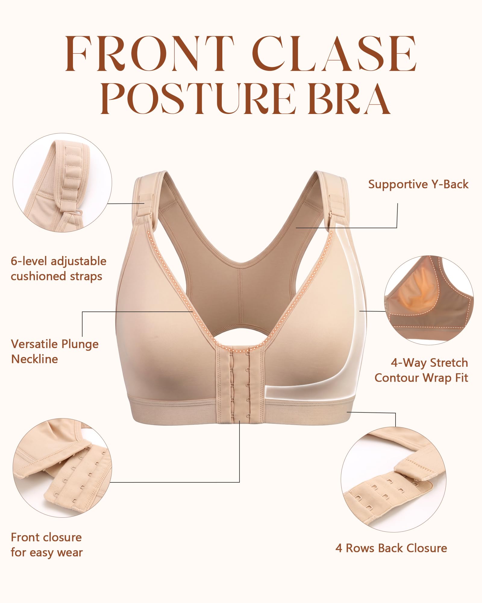 Lemorosy Reggiseno post chirurgico da donna con chiusura frontale cinghie regolabili senza fili Comfort Sport Brassiere
