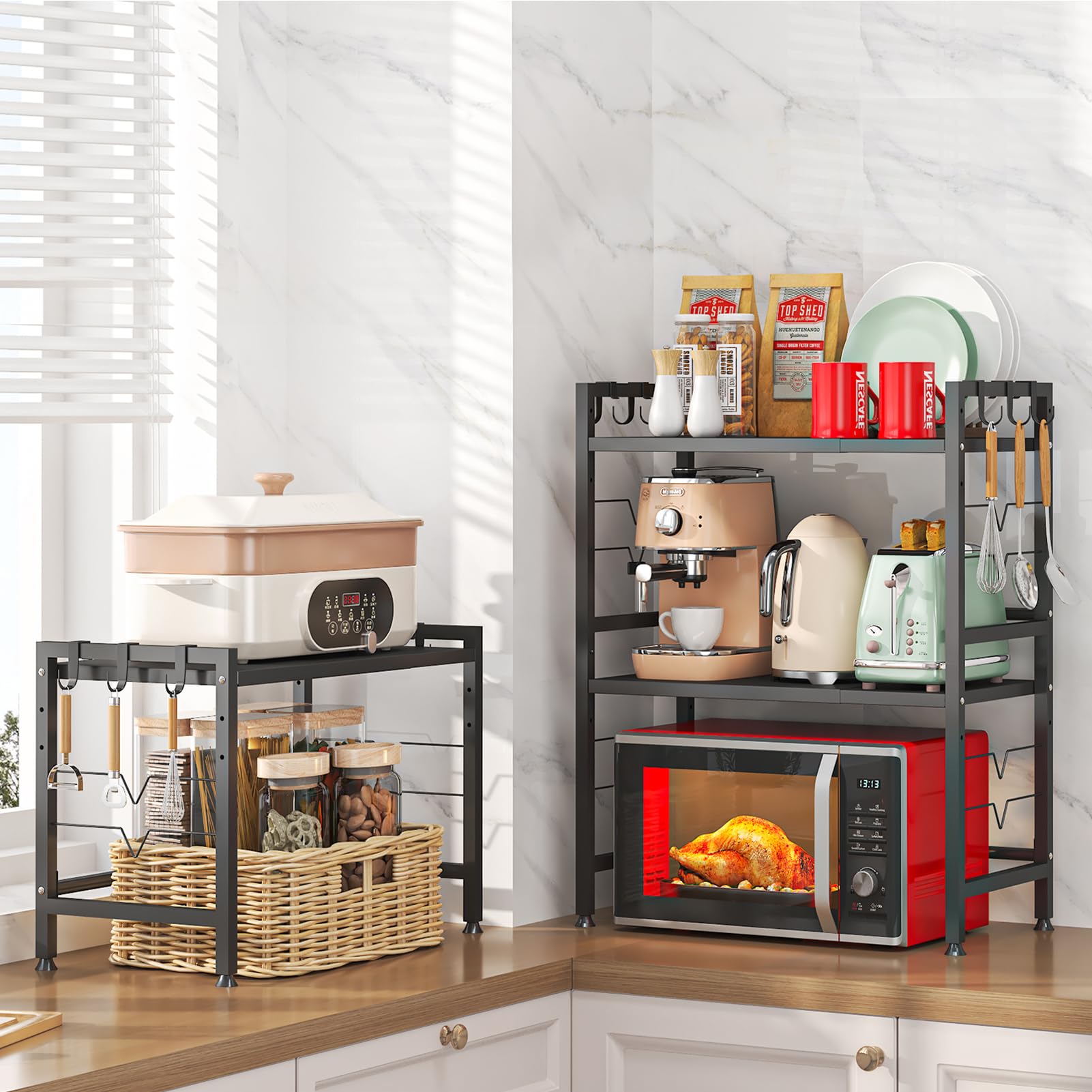 Support Extensible pour Four à Micro-Ondes à 3 Niveaux, Support d'étagère de Cuisine Hauteur Réglable avec 6 Crochets Suspendus Etagere Rangement Cuisine, Noir