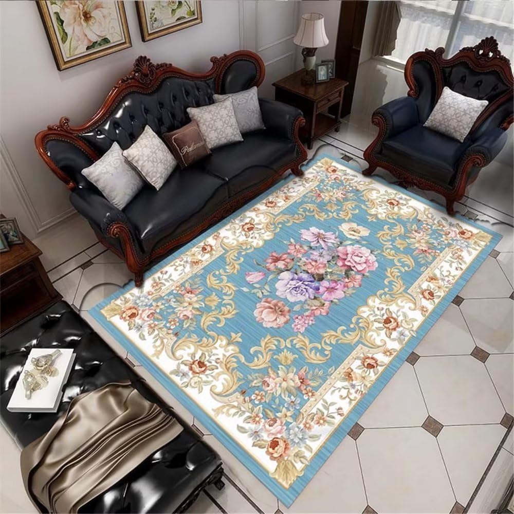 Tapis de salon anti-acariens 160x230 grand tapis floral bleu lavable pour une salle à manger saine